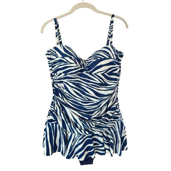 Chaps Other - Chaps Skirted Pin Up One Piece Swimsuit Size 16 XL Zebra Print Blue White